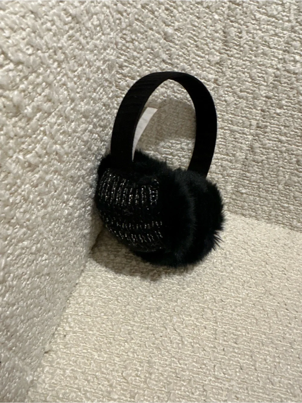 Juicy Couture Black Faux Fur Earmuffs with Gold Crown Detail